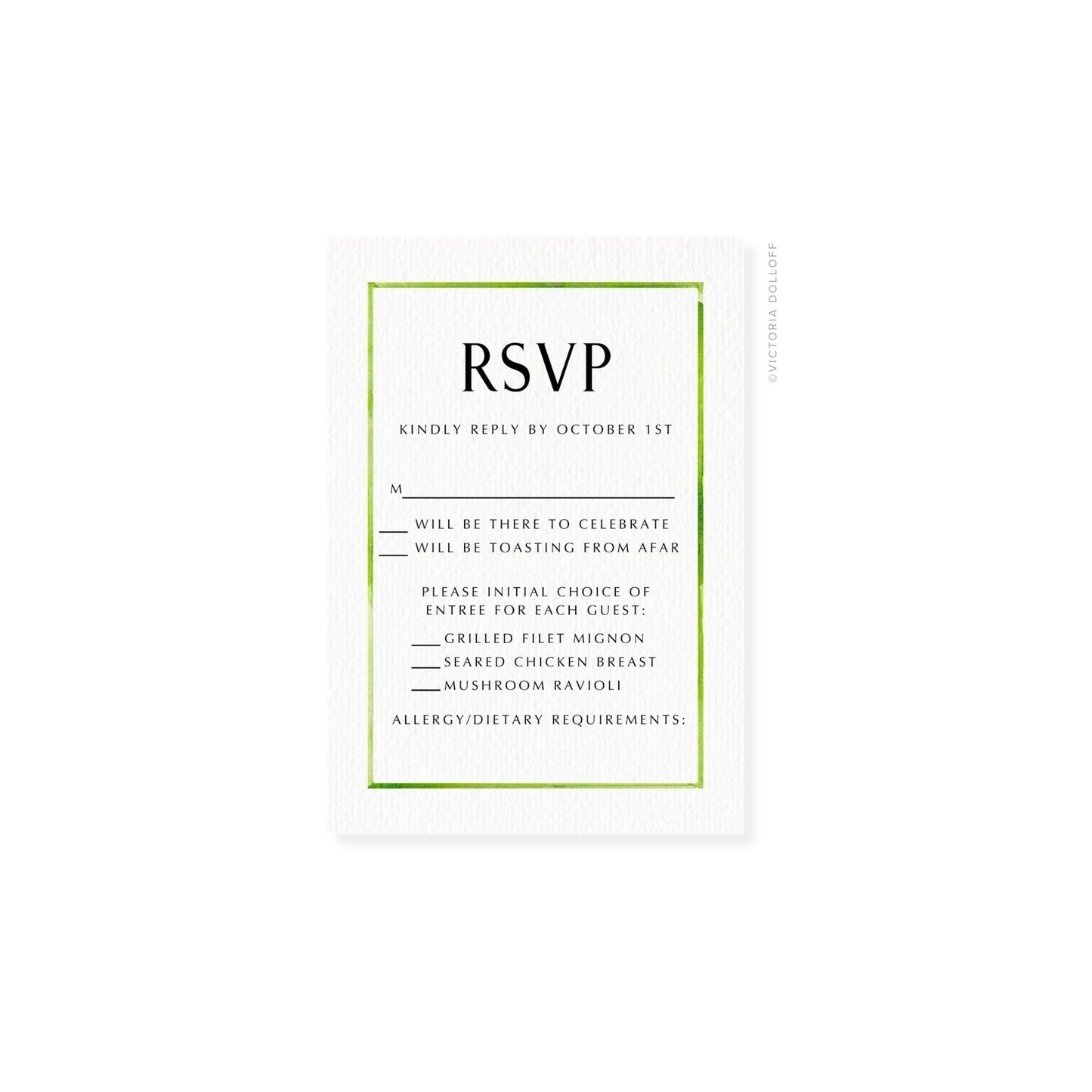 Watercolor border RSVP card, Palm Green—“RSVP” with menu checkboxes and date.