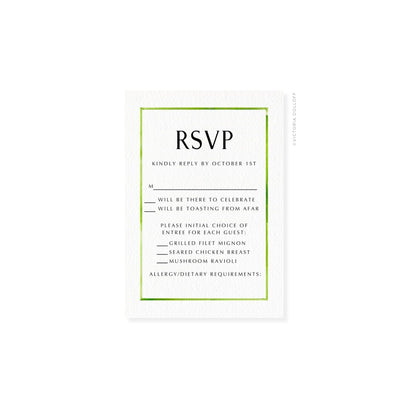 Watercolor border RSVP card, Palm Green—“RSVP” with menu checkboxes and date.