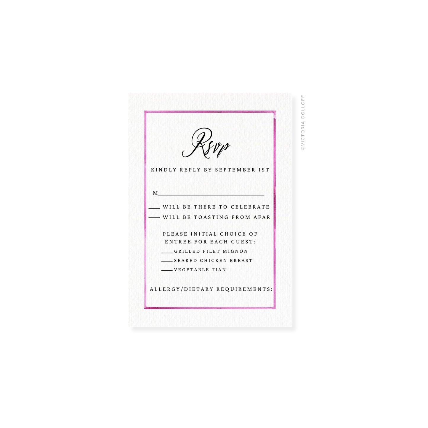 Watercolor border RSVP card with pink frame and script “Rsvp” header