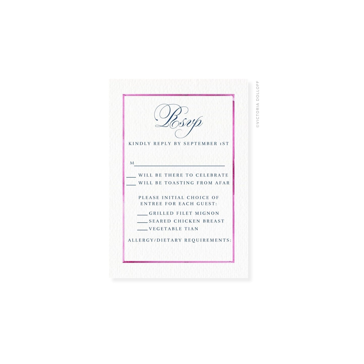 Watercolor border RSVP card with pink frame and cursive “Bsvp” heading