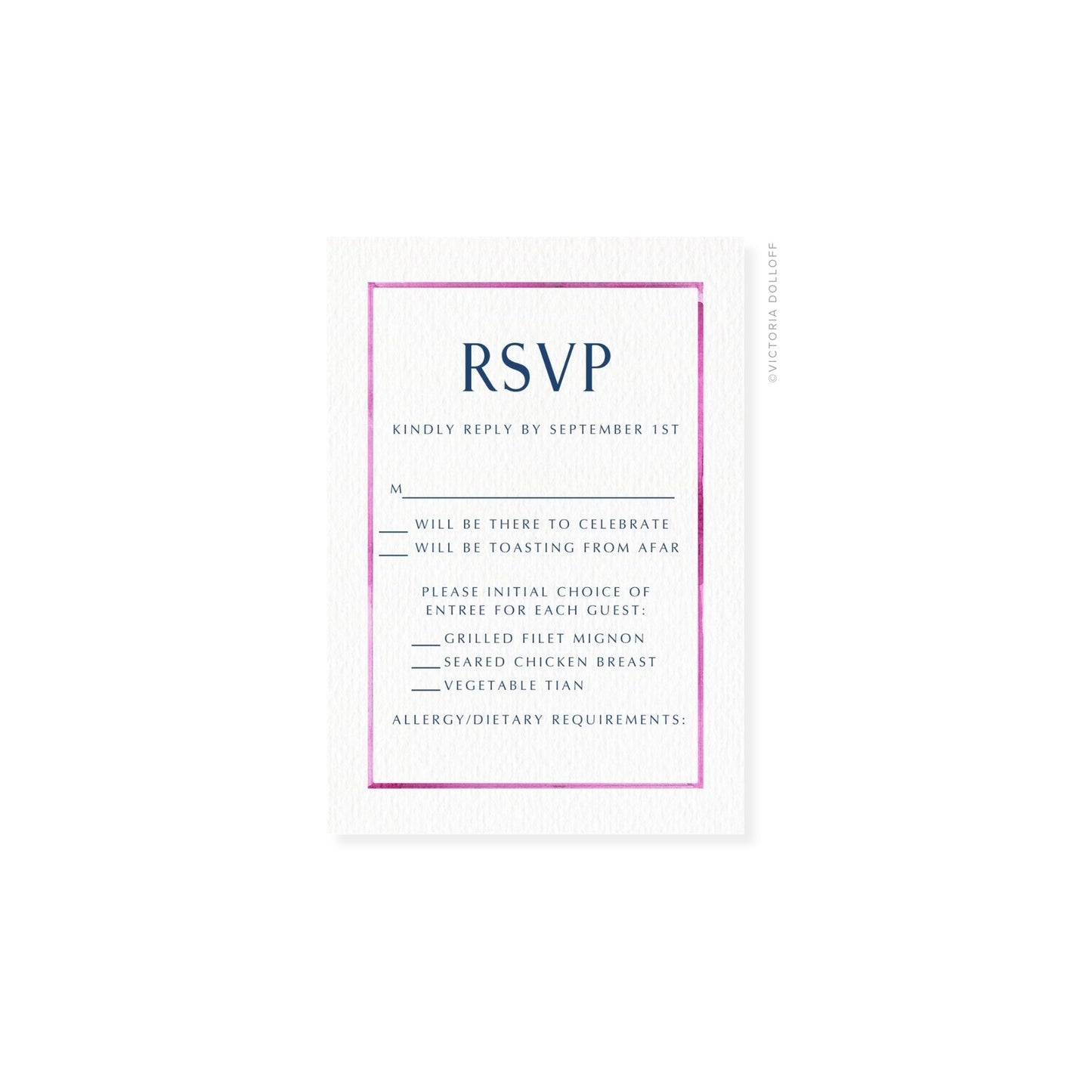 Watercolor border RSVP card with pink frame and bold “RSVP” heading