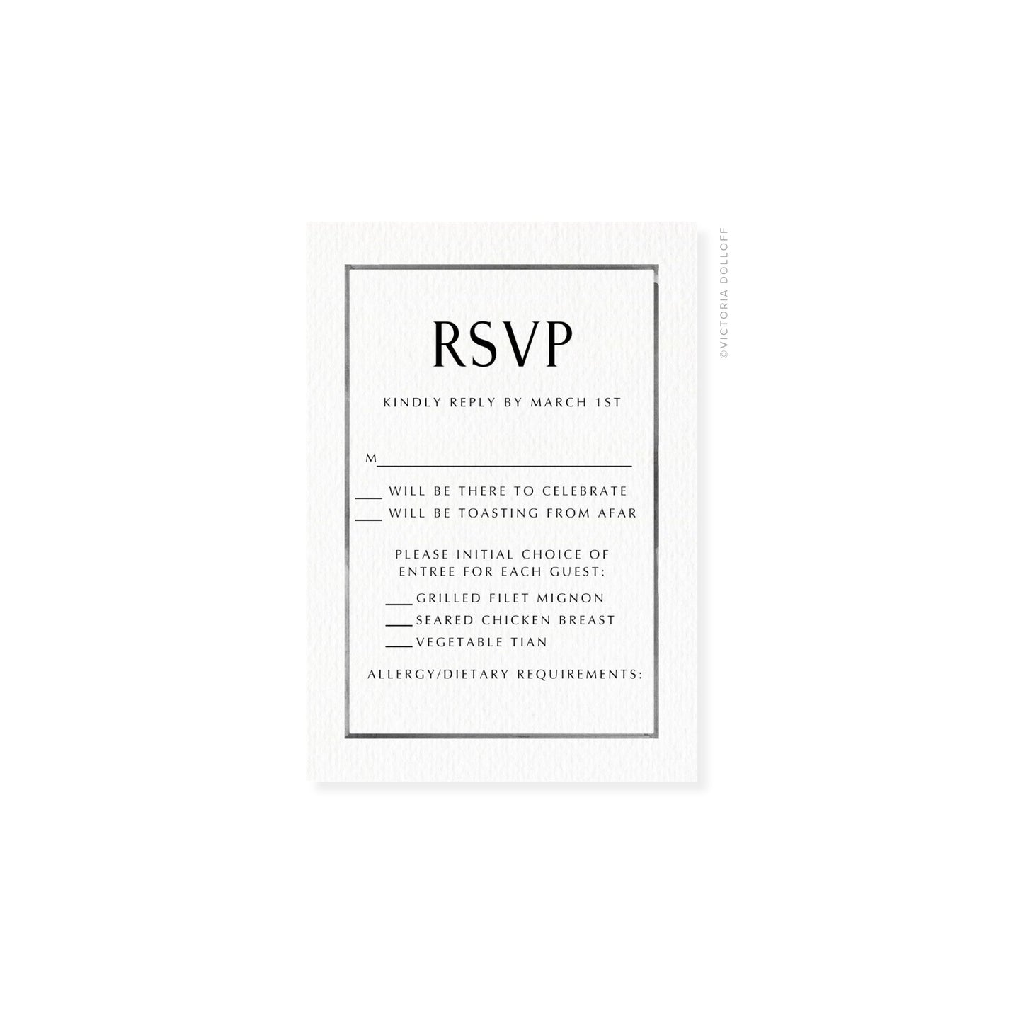 Watercolor border RSVP card with charcoal frame and bold “RSVP” for March 1st
