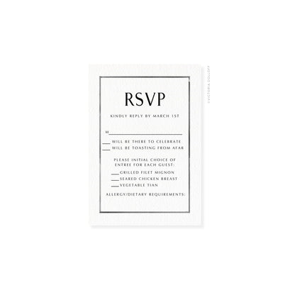 Watercolor border RSVP card with charcoal frame and bold “RSVP” for March 1st
