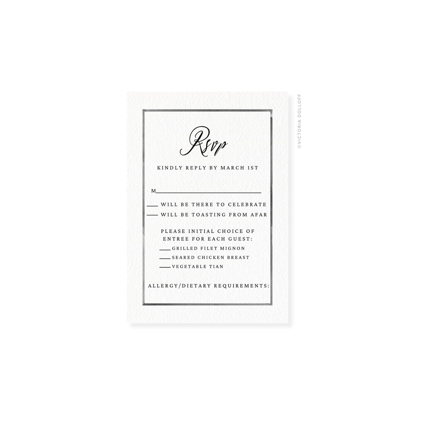 Watercolor border RSVP card with charcoal frame and cursive “Rsvp” heading