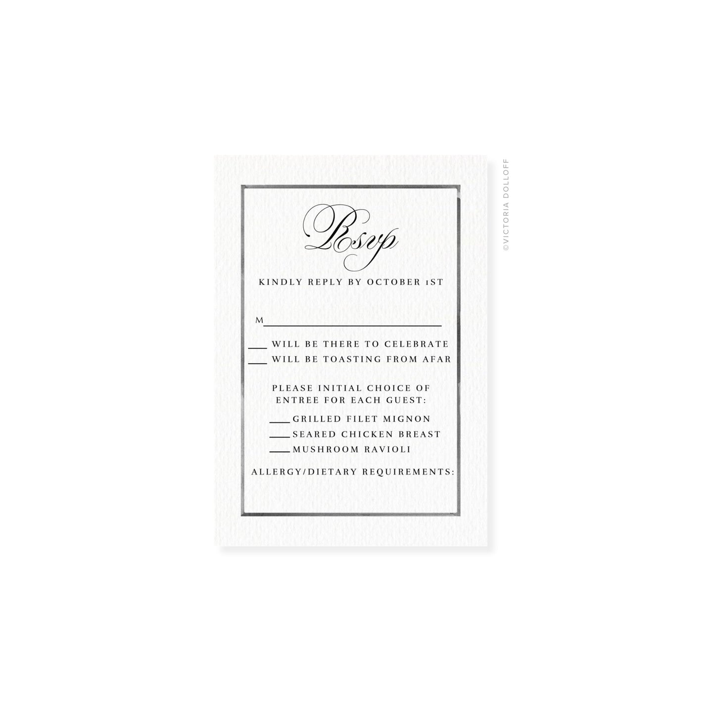 Watercolor border RSVP card, Charcoal—“Bsvp” script with allergy/dietary requirements.