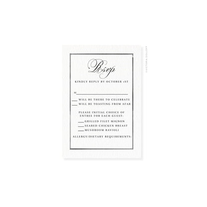 Watercolor border RSVP card, Charcoal—“Bsvp” script with allergy/dietary requirements.