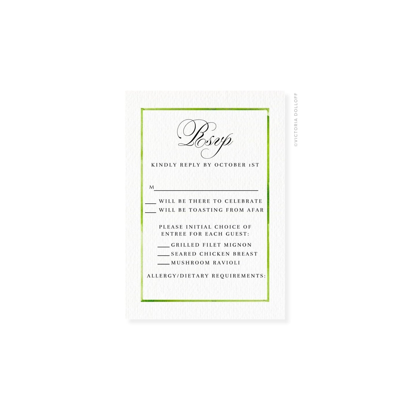 Watercolor border RSVP card, Palm Green—“Bsvp” script with allergy/diary requirements.