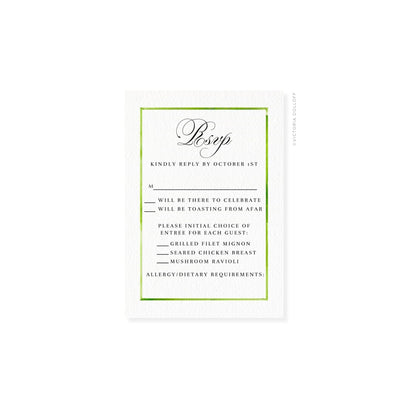 Watercolor border RSVP card, Palm Green—“Bsvp” script with allergy/diary requirements.