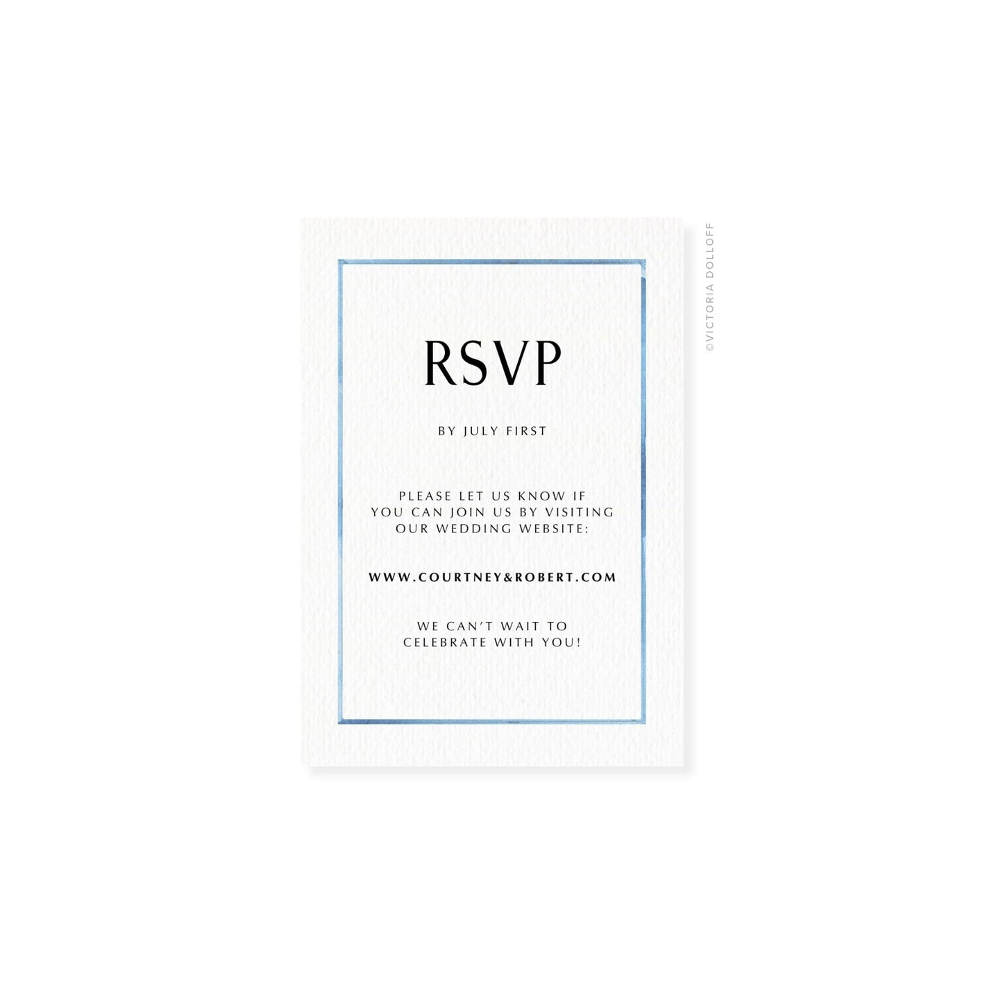 Ocean Blue watercolor border RSVP card with “RSVP” and navy “We can’t wait” text