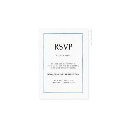 Ocean Blue watercolor border RSVP card with “RSVP” and navy “We can’t wait” text