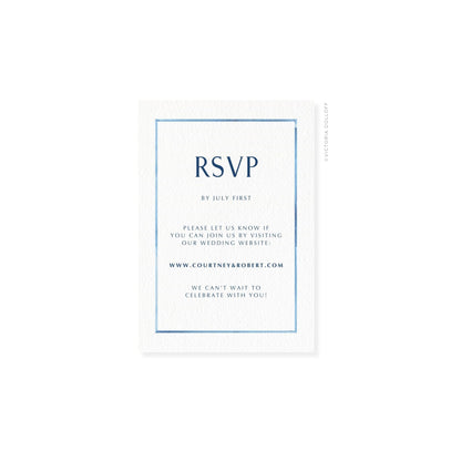 Ocean Blue watercolor border RSVP card with large “RSVP” and navy lines