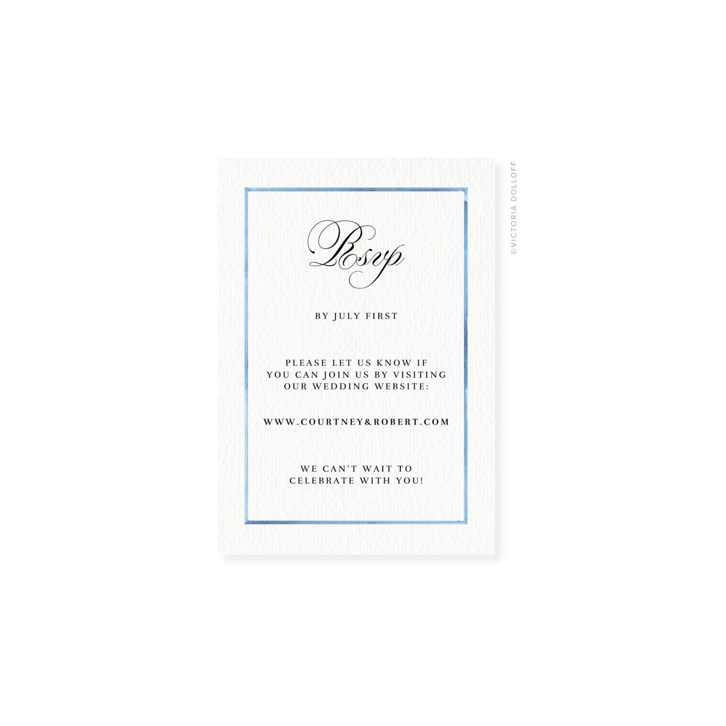 Ocean Blue watercolor border RSVP card, “By July First” and navy website text