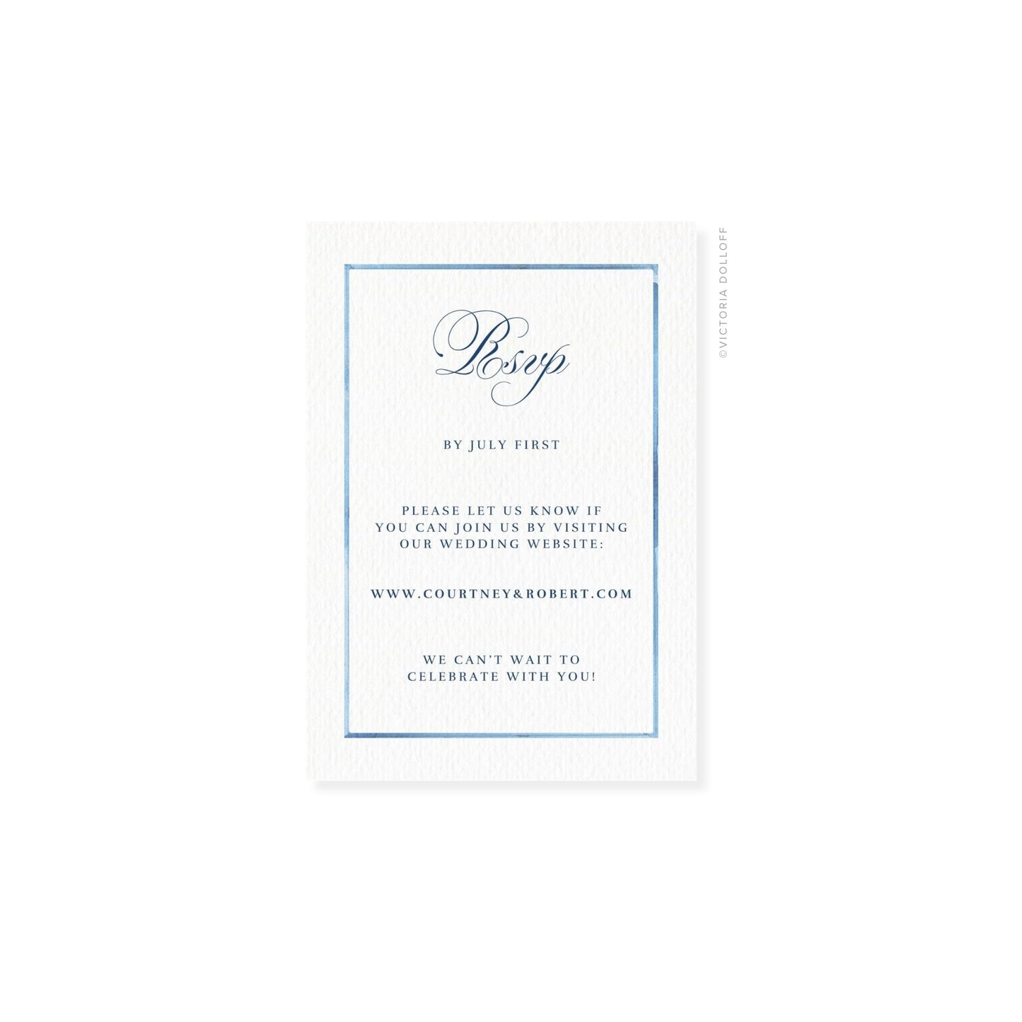 Ocean Blue watercolor border RSVP card with script “Rsvp” and navy wording