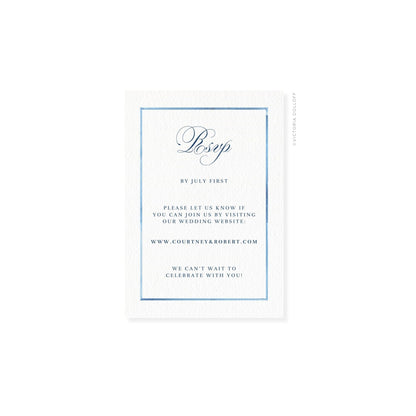 Ocean Blue watercolor border RSVP card with script “Rsvp” and navy wording