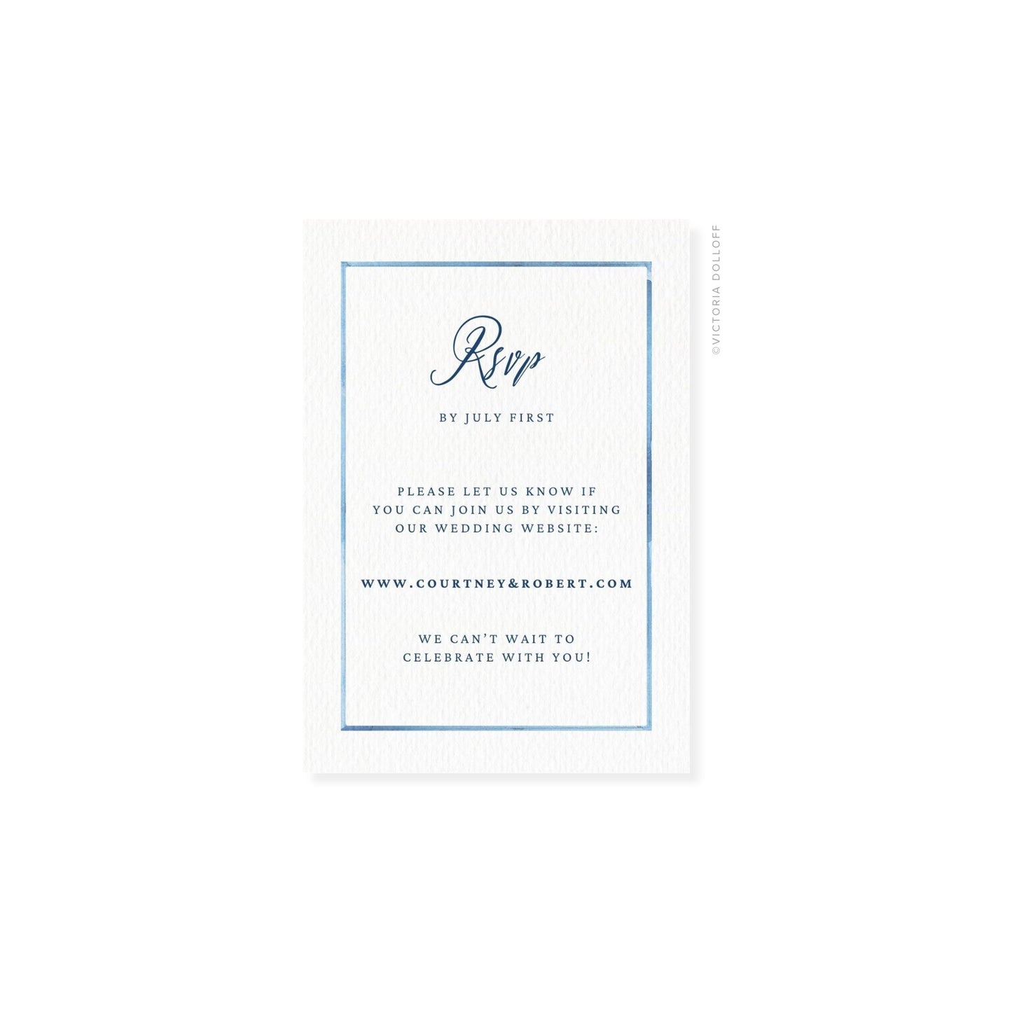RSVP-Karte mit blauem Rahmen und „Rsvp“ in kräftig blauem Schriftzug