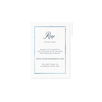 RSVP-Karte mit blauem Rahmen und „Rsvp“ in kräftig blauem Schriftzug