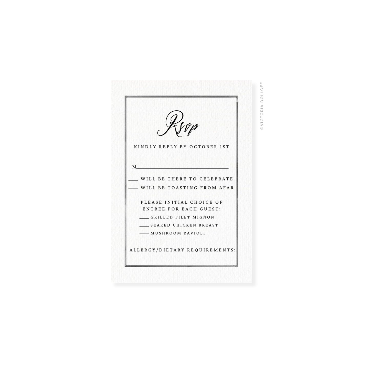Watercolor border RSVP card, Charcoal—“Rsvp” script with RSVP and menu options.