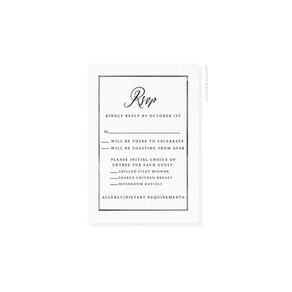Watercolor border RSVP card, Charcoal—“Rsvp” script with RSVP and menu options.