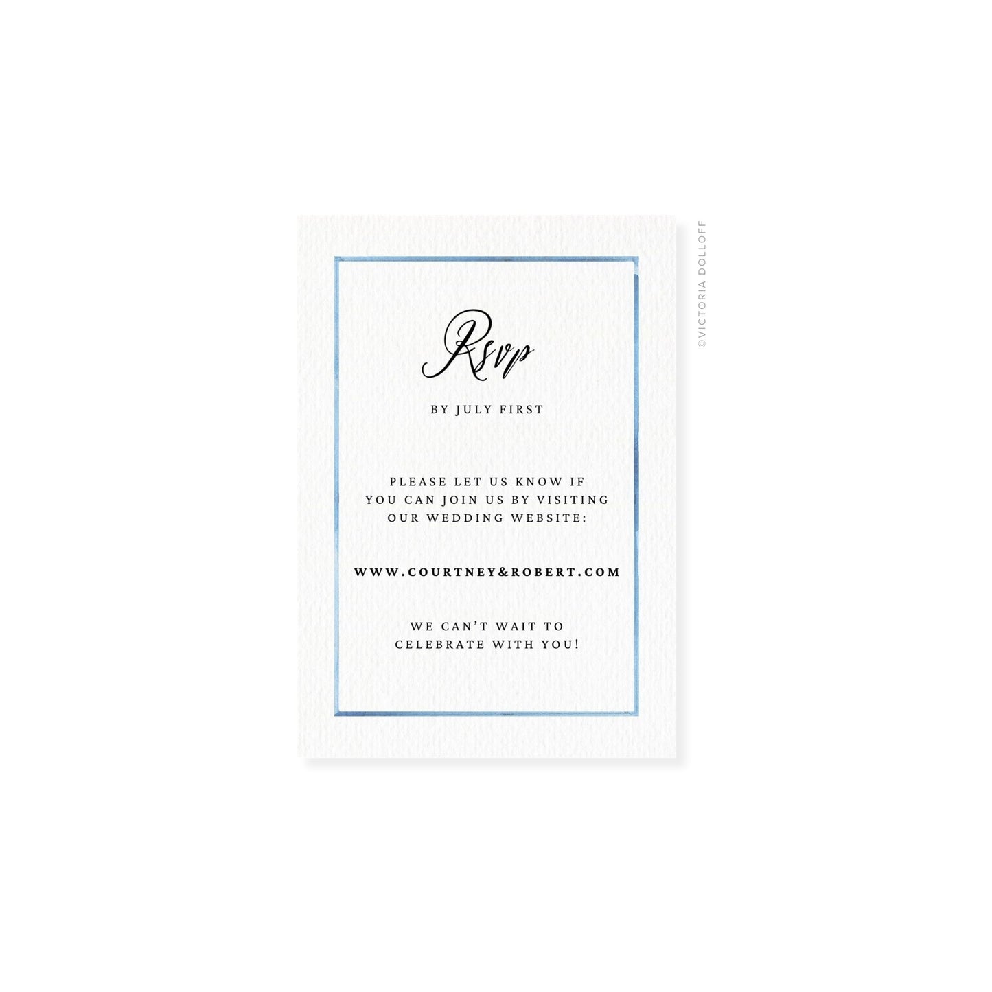 RSVP-Karte mit blauem Rahmen und „Rsvp“ in dunkler Schreibschrift, Innenfeld mit Zeilen
