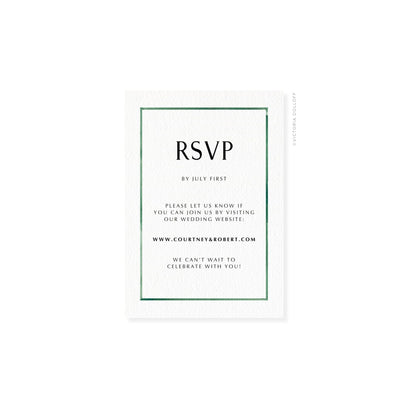 Emerald Green watercolor border RSVP card with “RSVP” and dark “We can’t wait”