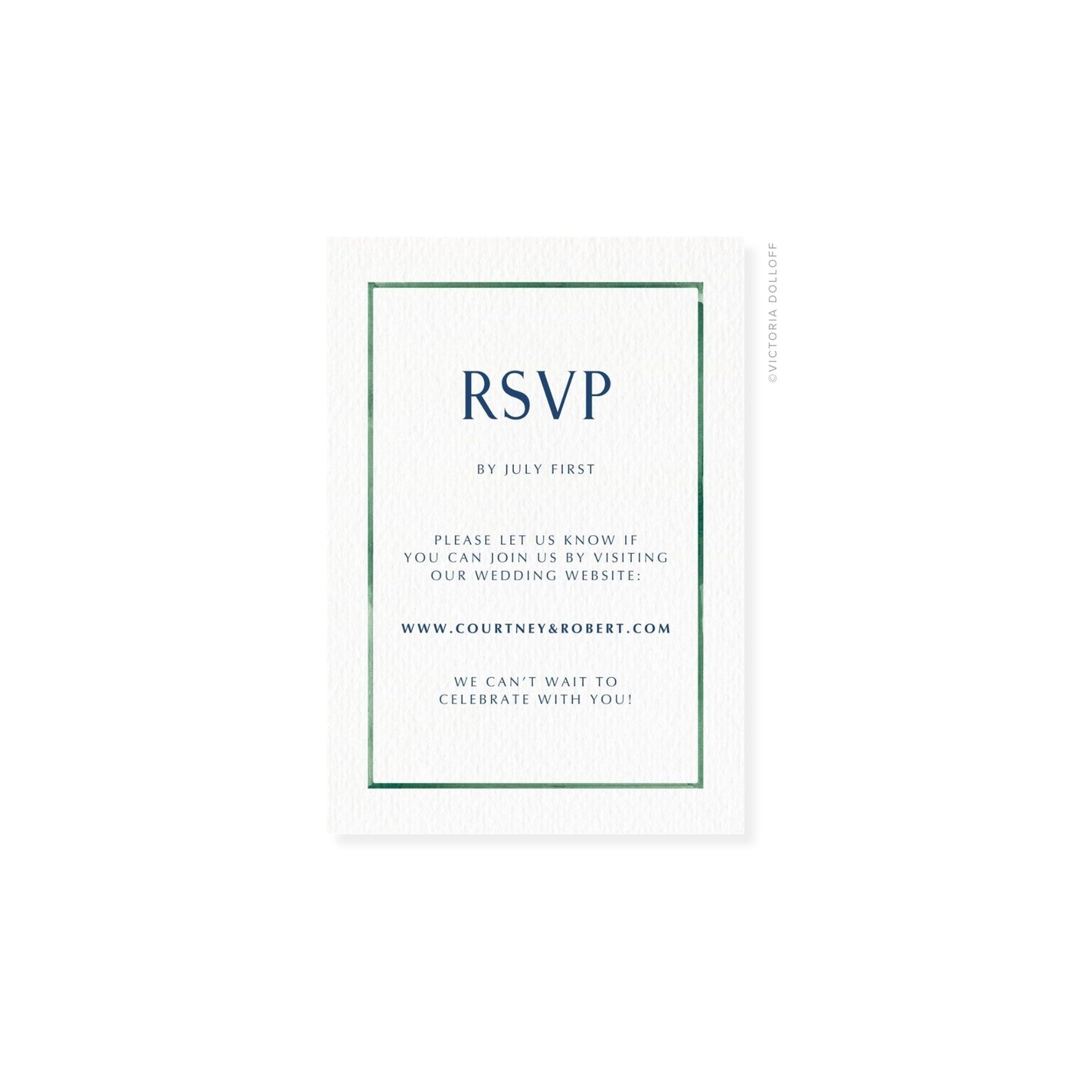 Emerald Green watercolor border RSVP card with bold “RSVP” and dark navy text