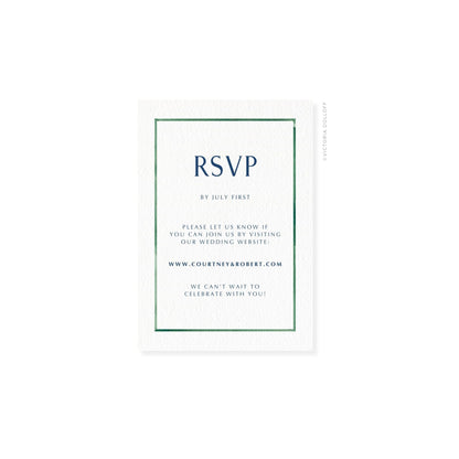 Emerald Green watercolor border RSVP card with bold “RSVP” and dark navy text