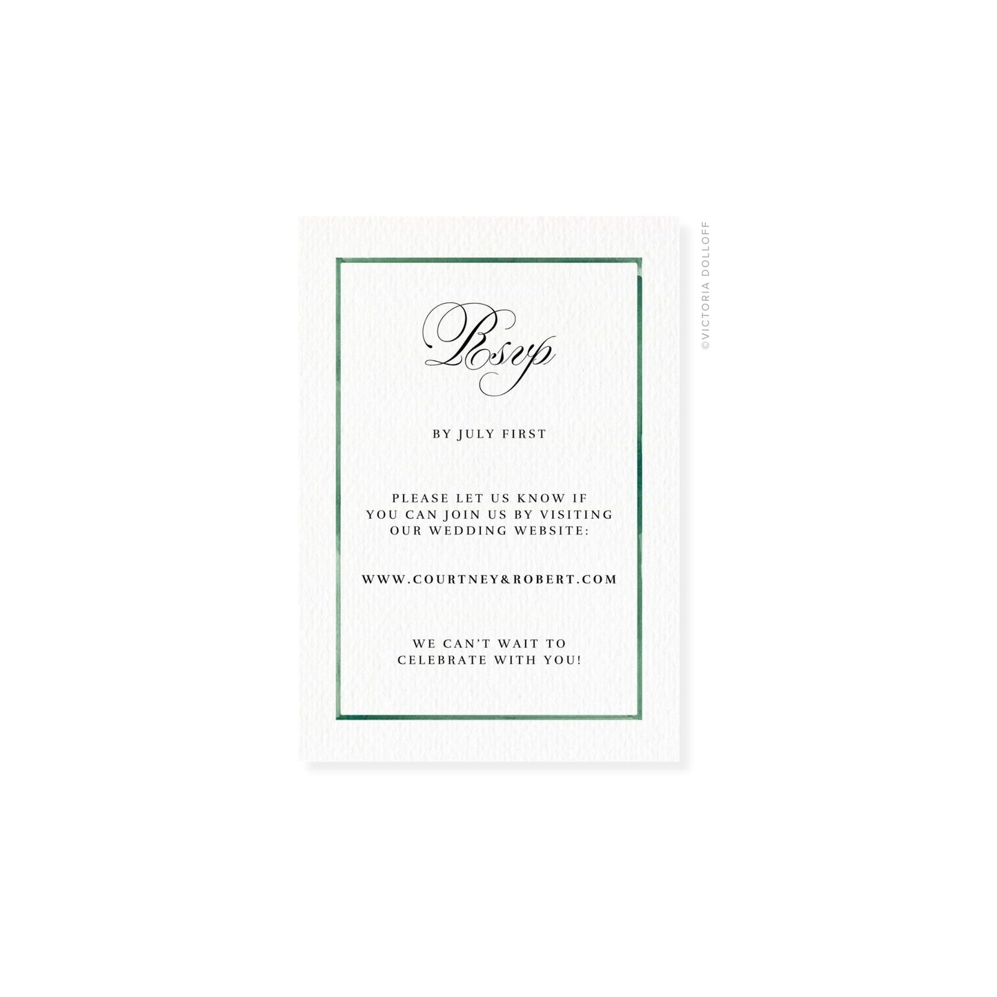 Emerald Green watercolor border RSVP card featuring script “Rsvp” and website line