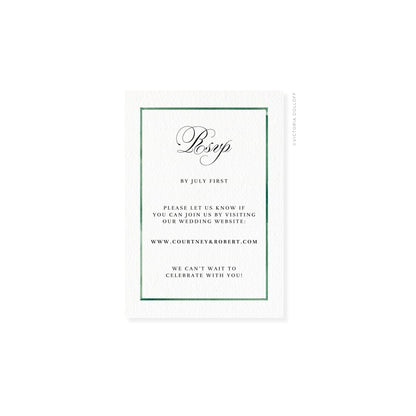 Emerald Green watercolor border RSVP card featuring script “Rsvp” and website line