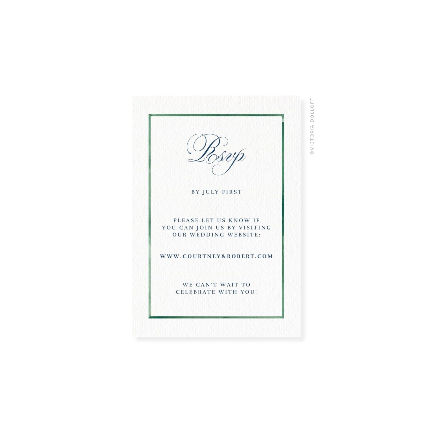 Emerald Green watercolor border RSVP card with script “Rsvp” in dark lettering