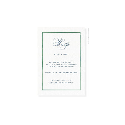 Emerald Green watercolor border RSVP card with script “Rsvp” in dark lettering