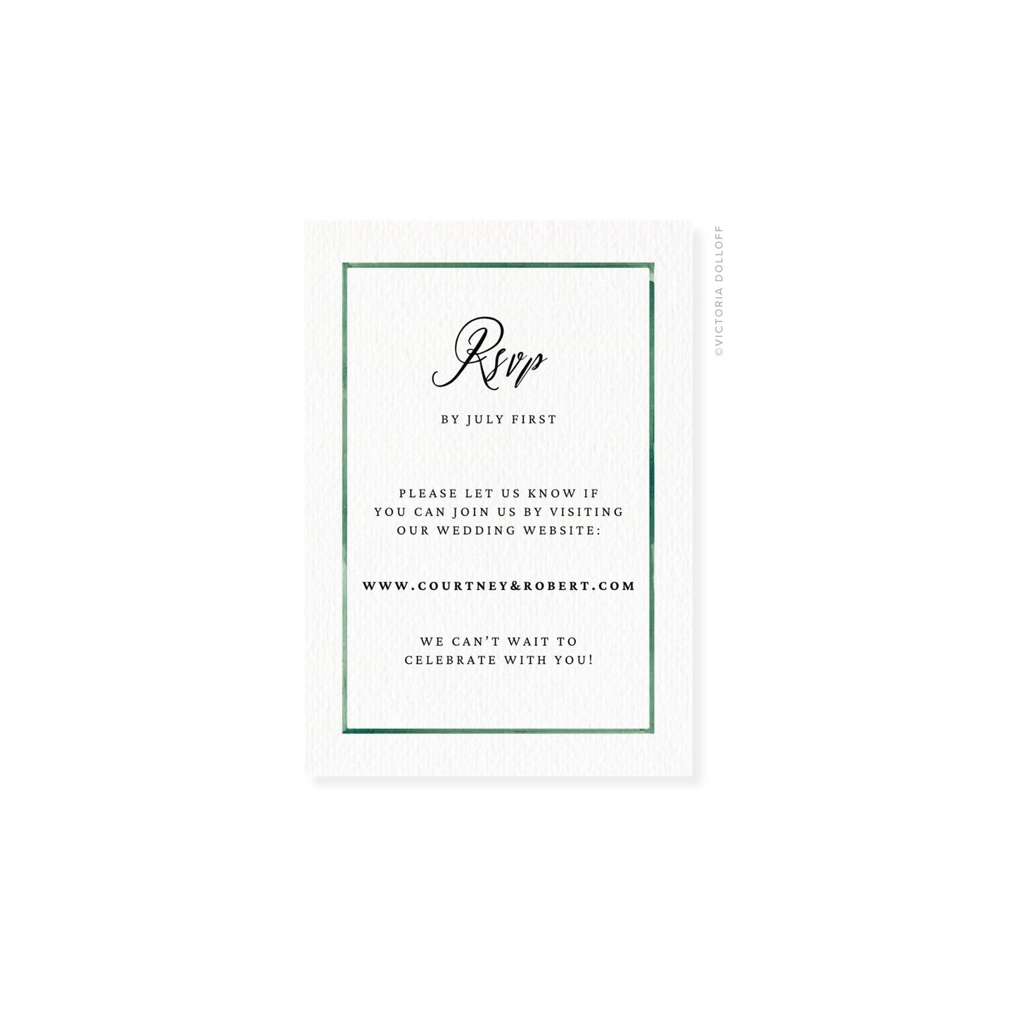 Emerald Green watercolor border RSVP card with script “Rsvp” and dark font