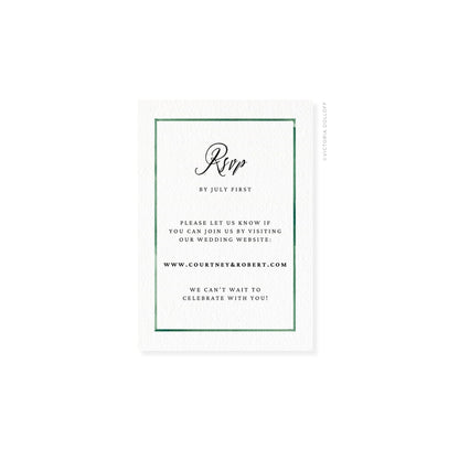 Emerald Green watercolor border RSVP card with script “Rsvp” and dark font