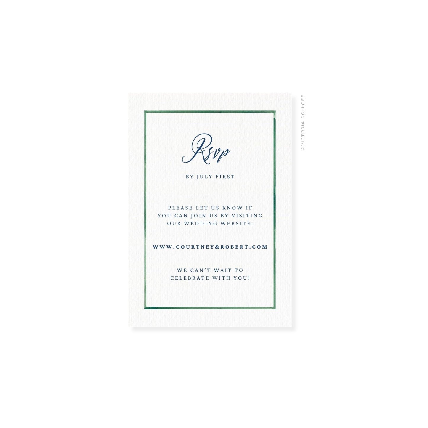 Emerald Green watercolor border RSVP card with script “Rsvp” and blue text