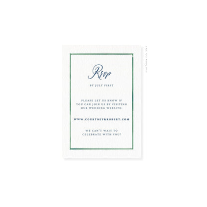Emerald Green watercolor border RSVP card with script “Rsvp” and blue text
