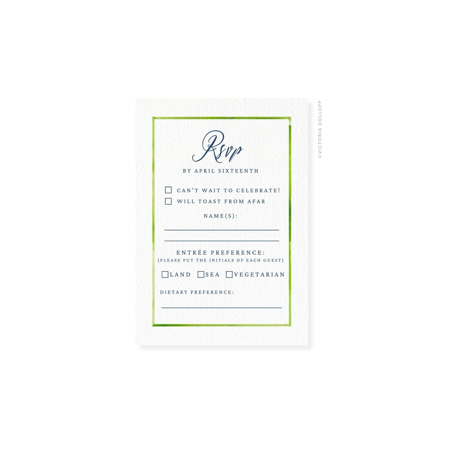 RSVP card with green watercolor border and cursive “Rsvp,” names and preference lines