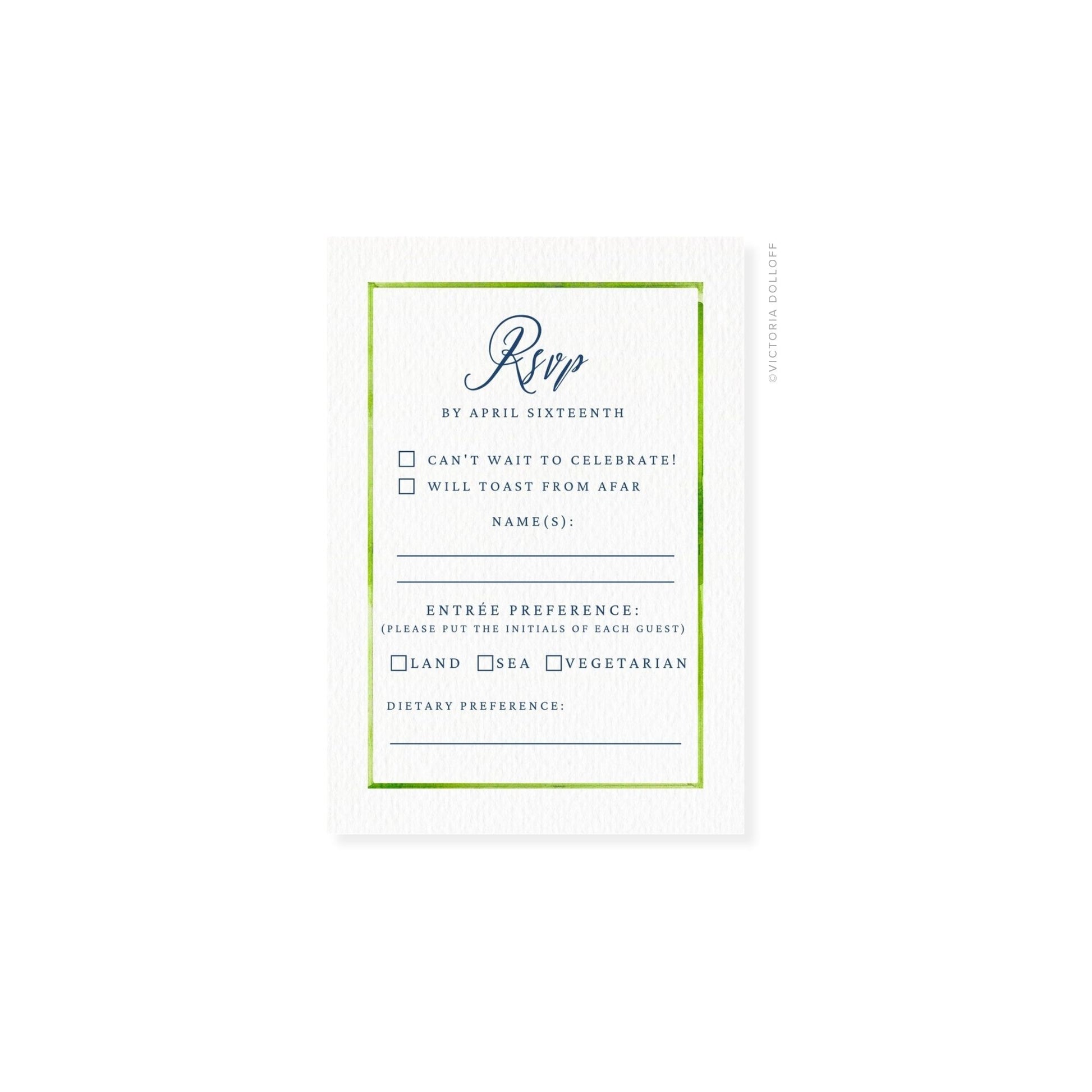 RSVP card with green watercolor border and cursive “Rsvp,” names and preference lines