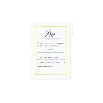 RSVP card with green watercolor border and cursive “Rsvp,” names and preference lines