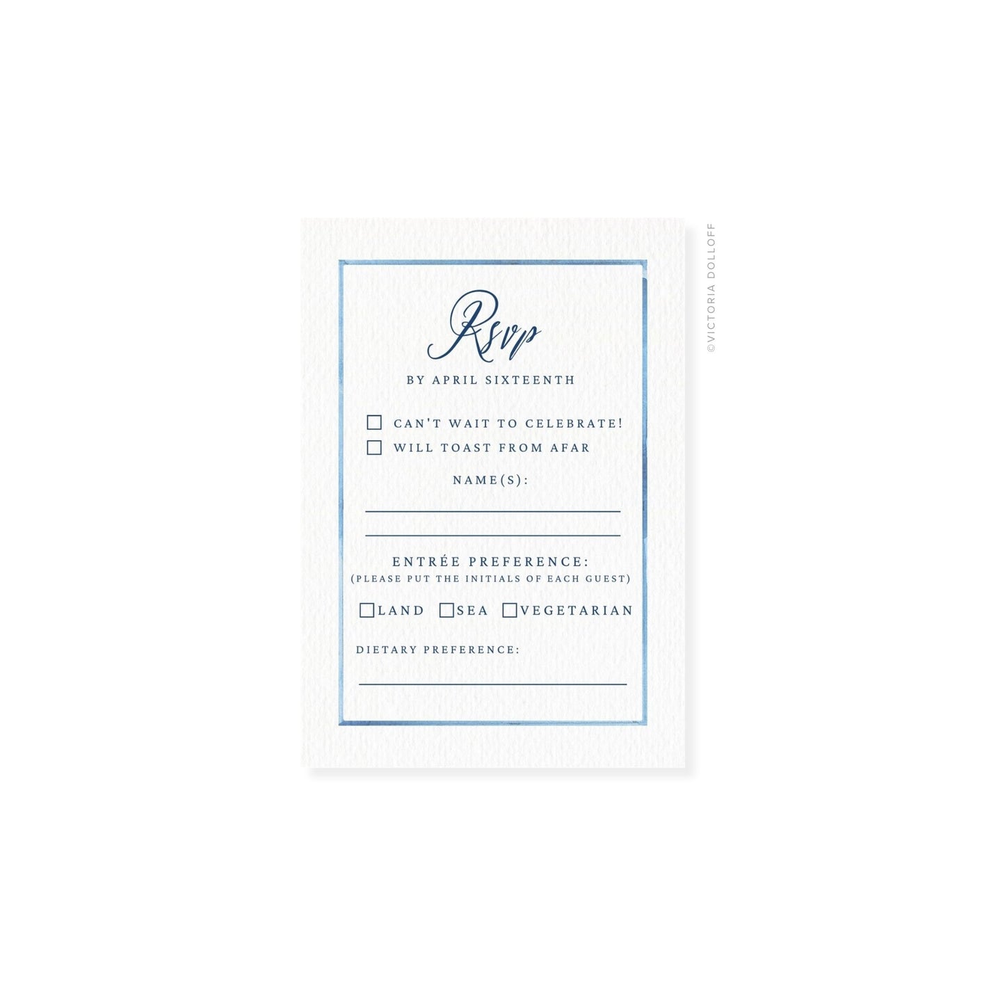 RSVP card with blue border and cursive “Rsvp,” includes checkbox and lines