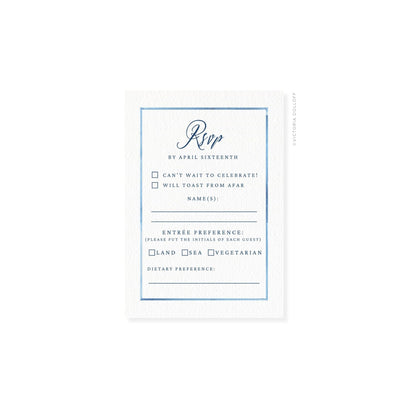 RSVP card with blue border and cursive “Rsvp,” includes checkbox and lines