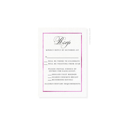 Watercolor border RSVP card, Orchid Pink—“Bsvp” script with guest options list.
