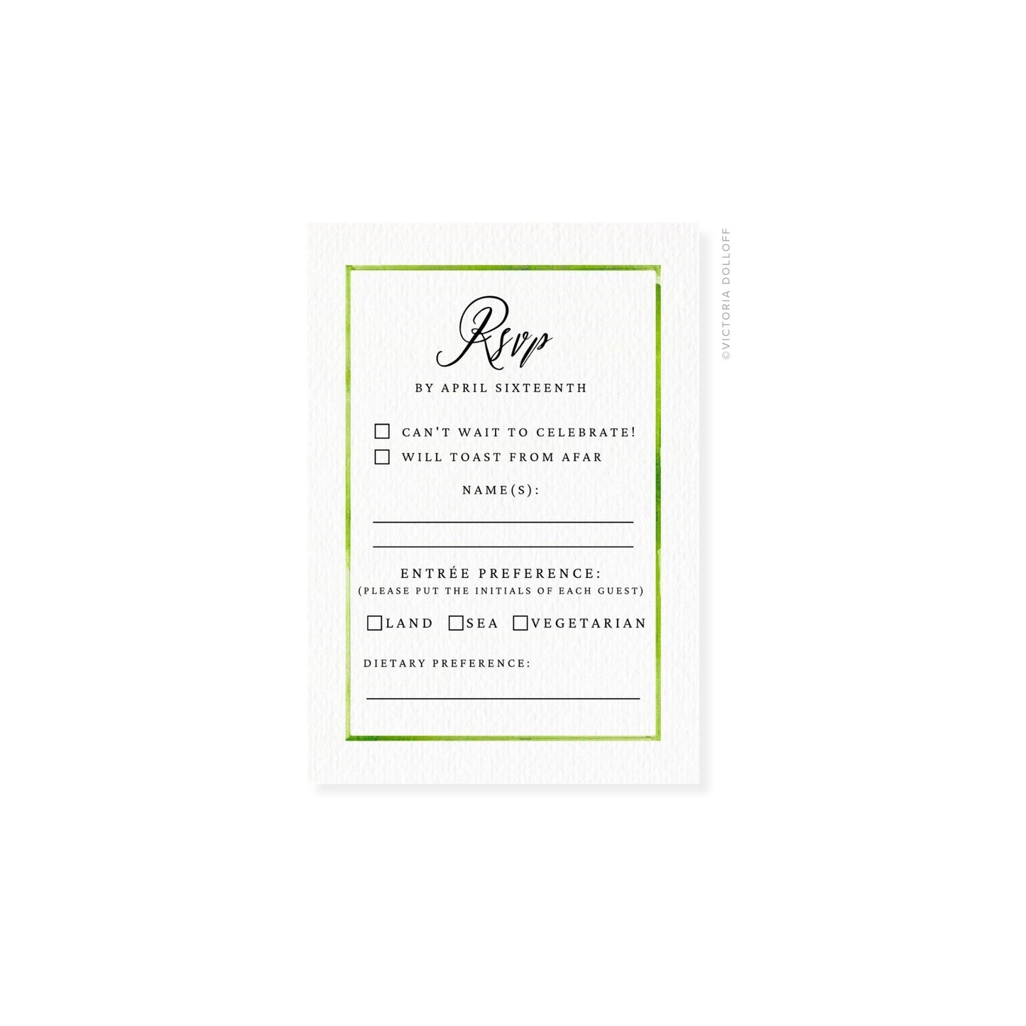 RSVP card with green border, cursive “Rsvp,” and entree preference checkbox section