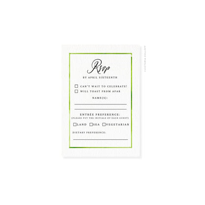 RSVP card with green border, cursive “Rsvp,” and entree preference checkbox section