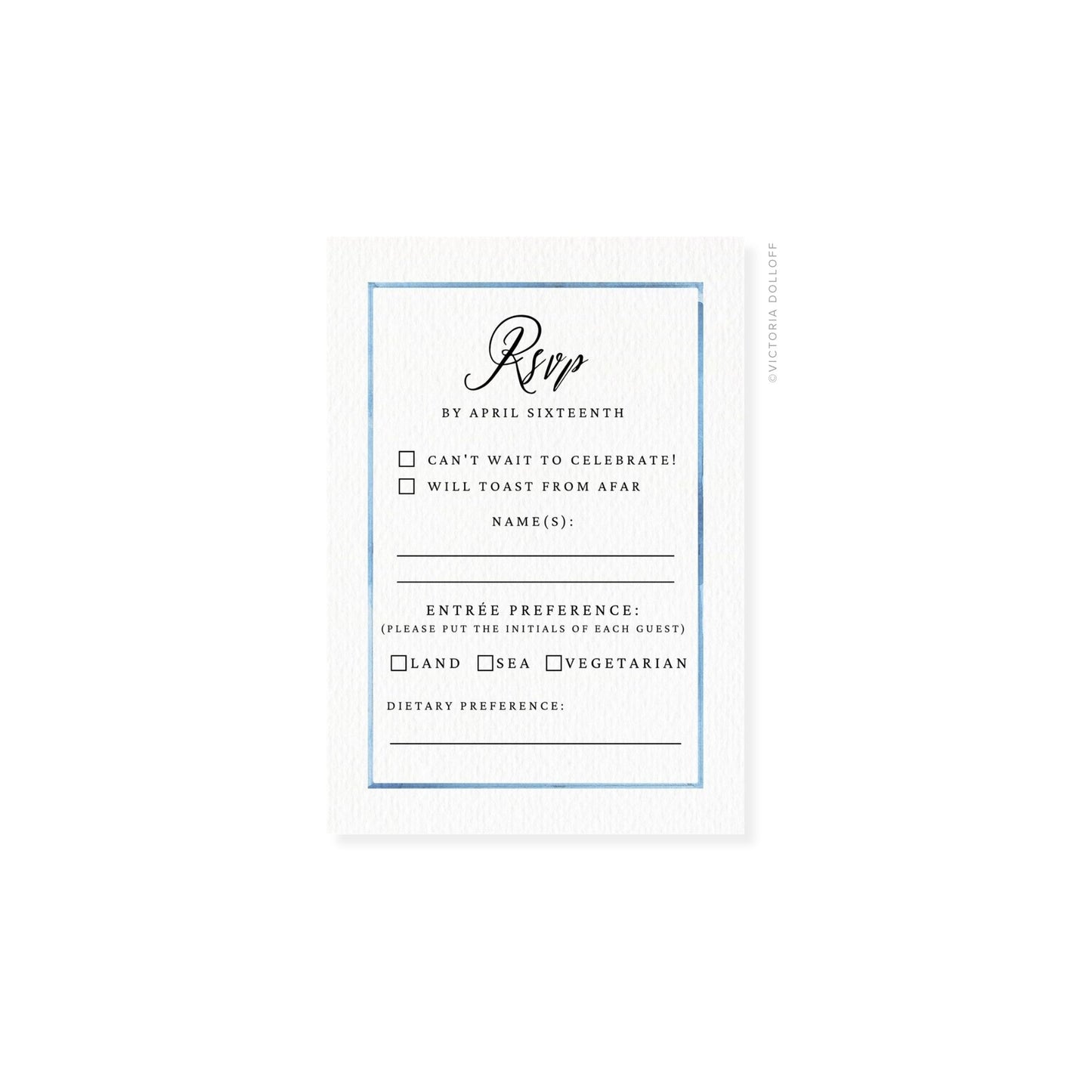 RSVP card with blue border and cursive “Rsvp,” entree and dietary preference sections