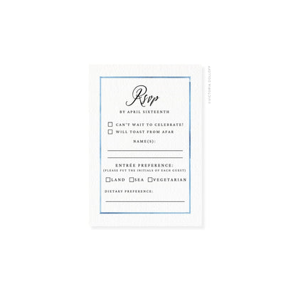 RSVP card with blue border and cursive “Rsvp,” entree and dietary preference sections