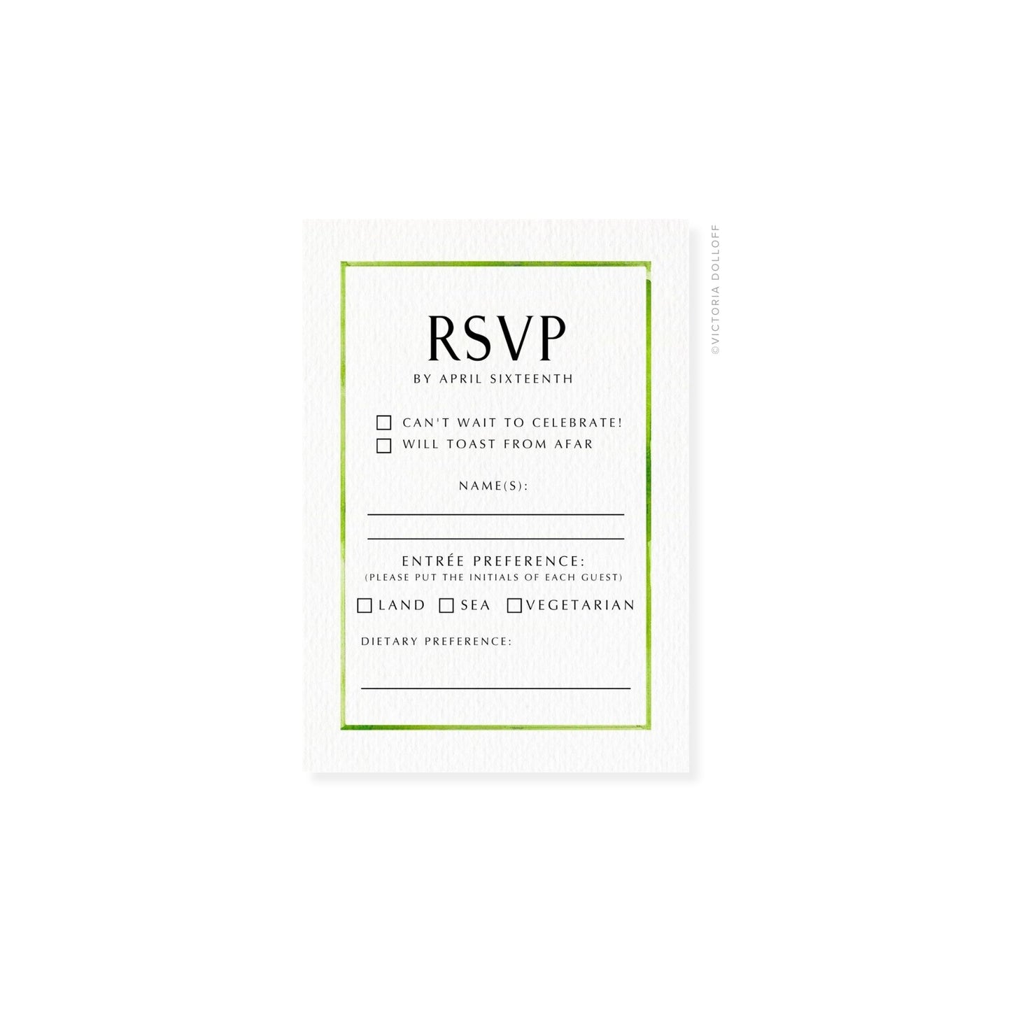 RSVP card with green border and uppercase “RSVP,” with names and dietary line
