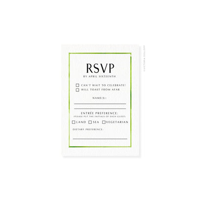 RSVP card with green border and uppercase “RSVP,” with names and dietary line