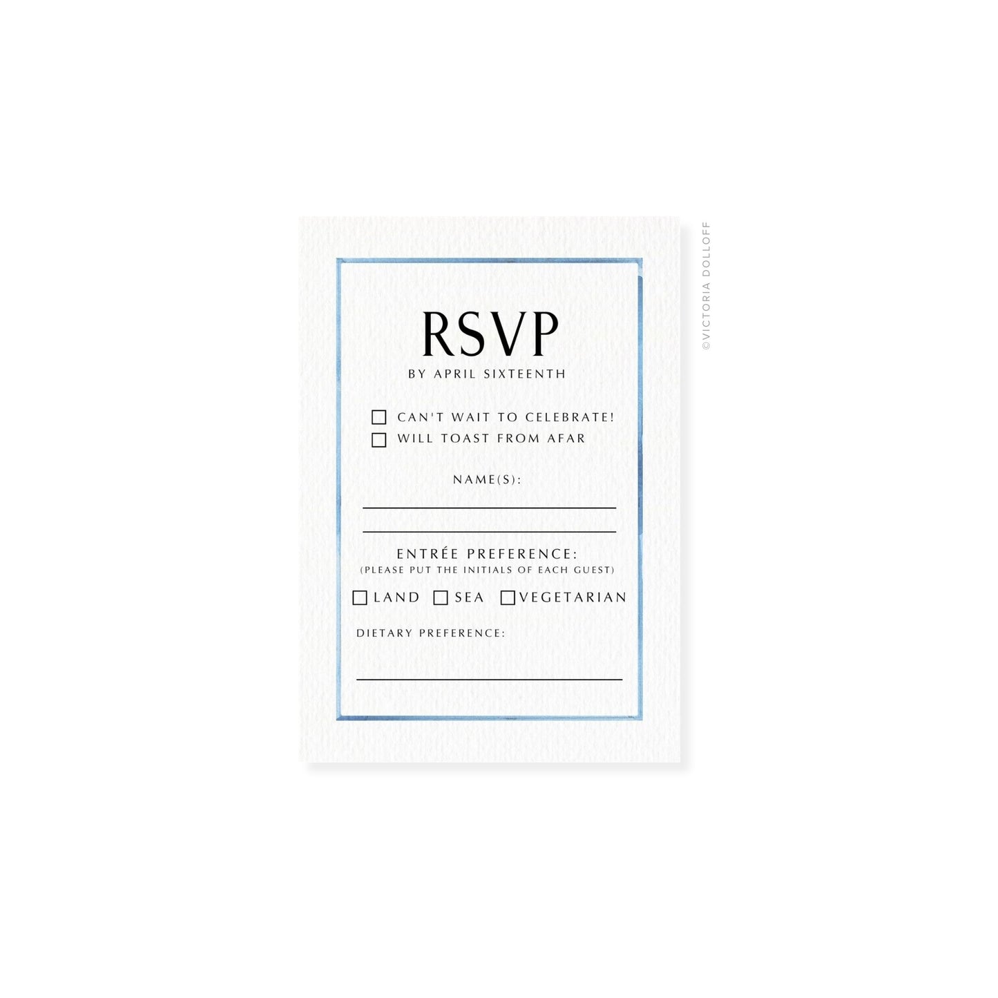 Powder Blue border RSVP card with RSVP header and entry preference checkbox section