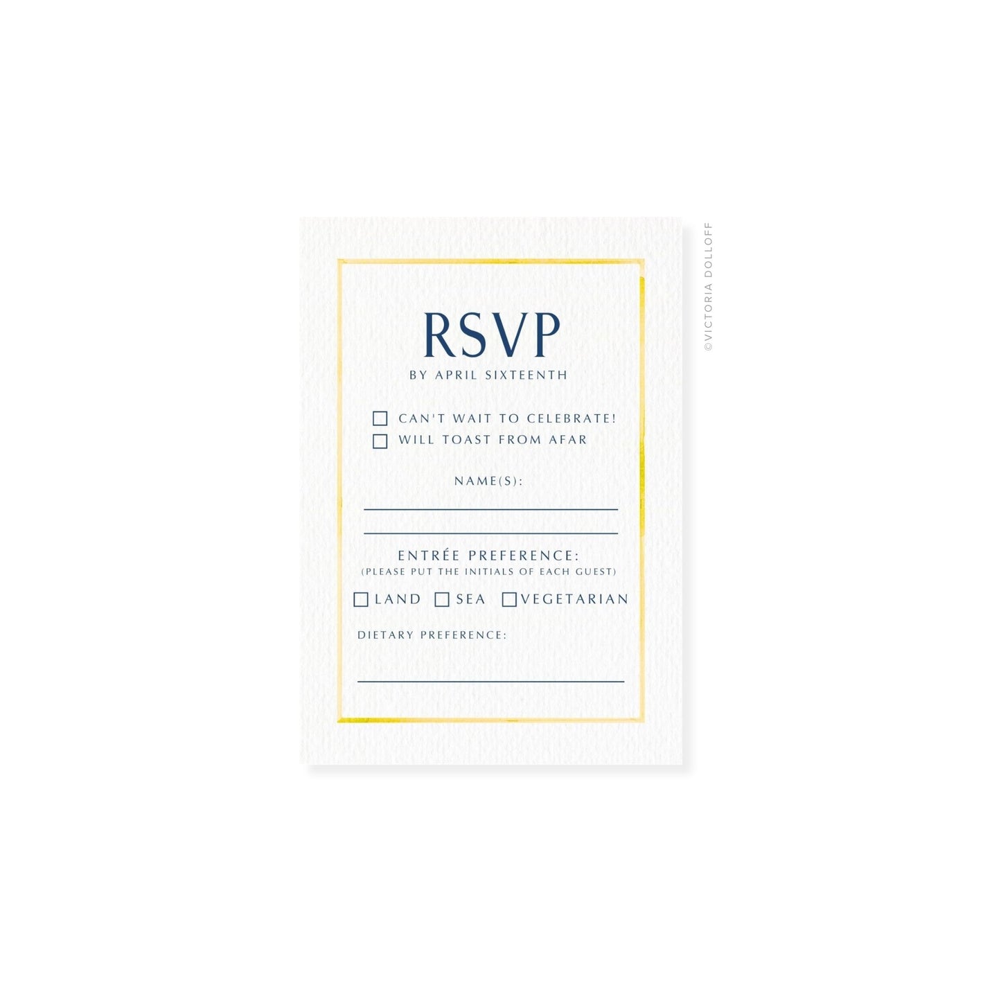 Meyer Lemon border RSVP card with uppercase RSVP header and checkbox entrée options