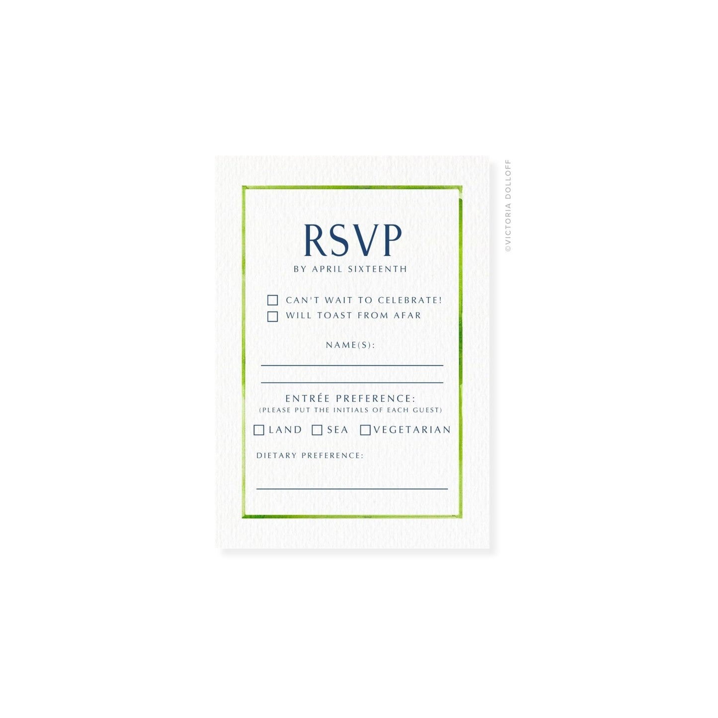 RSVP card with green border and uppercase “RSVP,” includes preference checkboxes