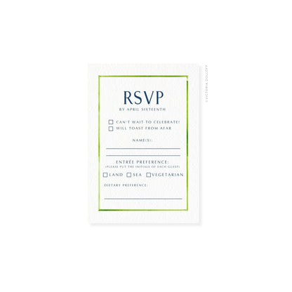 RSVP card with green border and uppercase “RSVP,” includes preference checkboxes